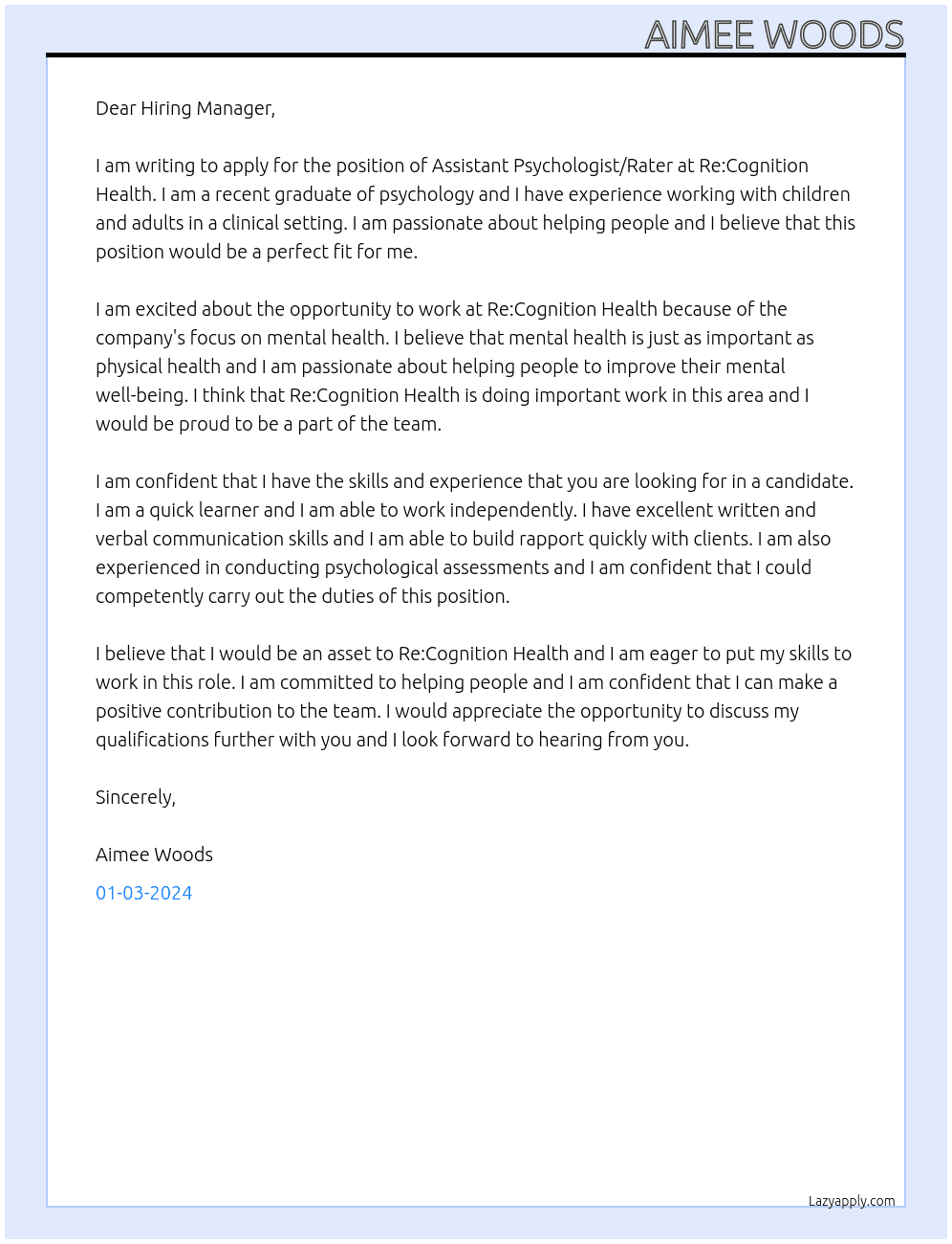 Assistant Psychologist/Rater At Re:Cognition Health Cover Letter