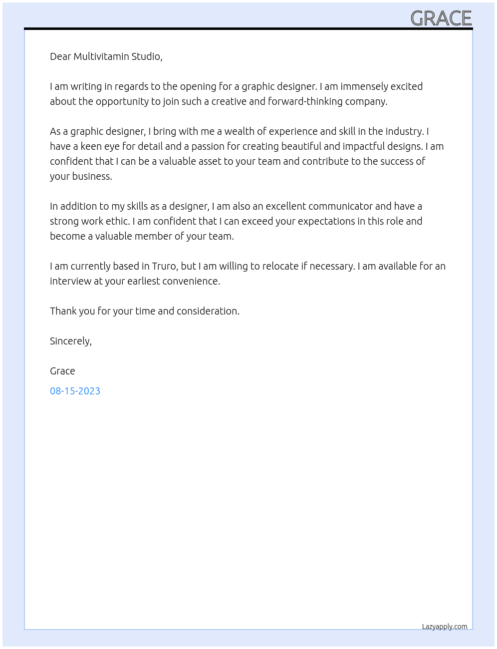 Graphic Designer At Multivitamin Studio Cover Letter