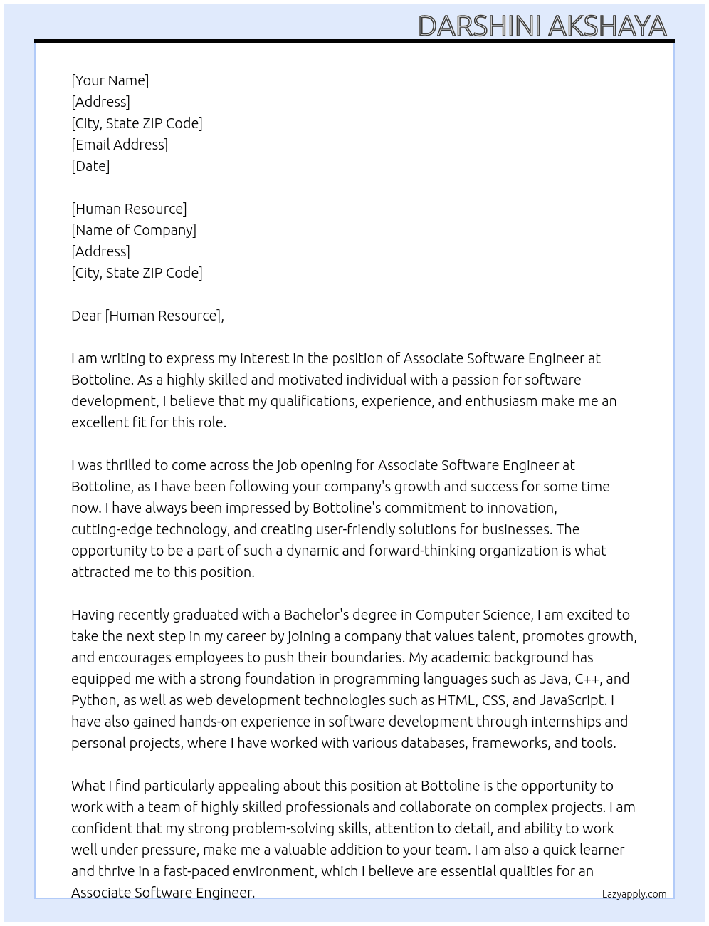 Associate Software Engineer At Bottoline Cover Letter
