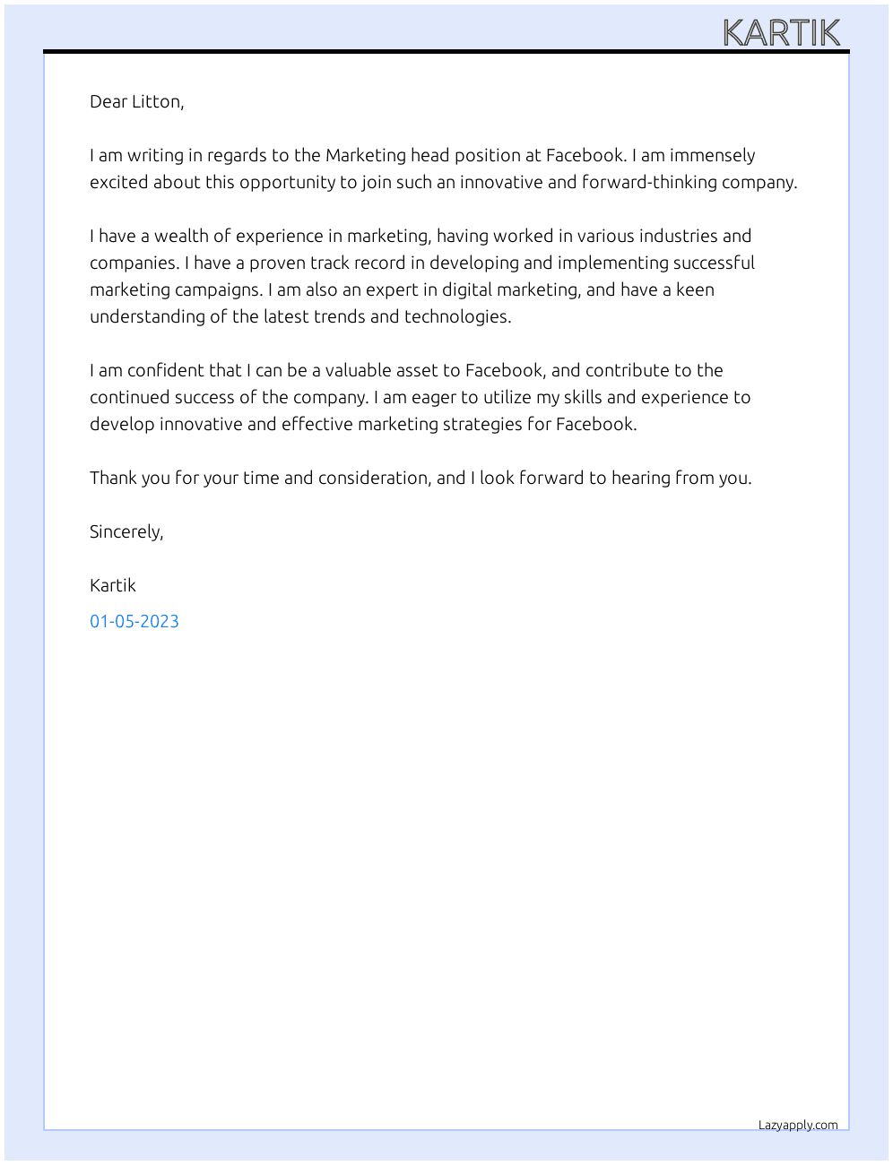 Marketing head At Facebook Cover Letter
