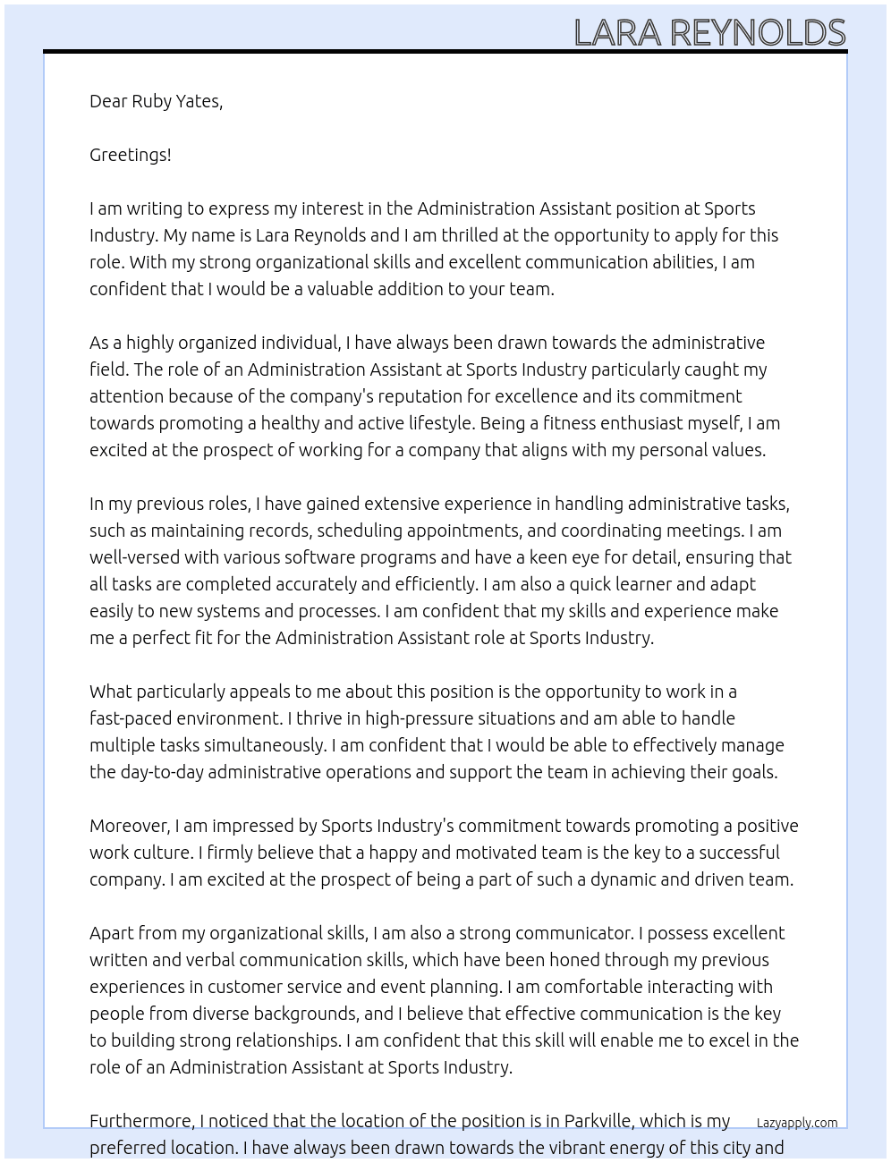 Administration Assistant At Sports Industry Cover Letter