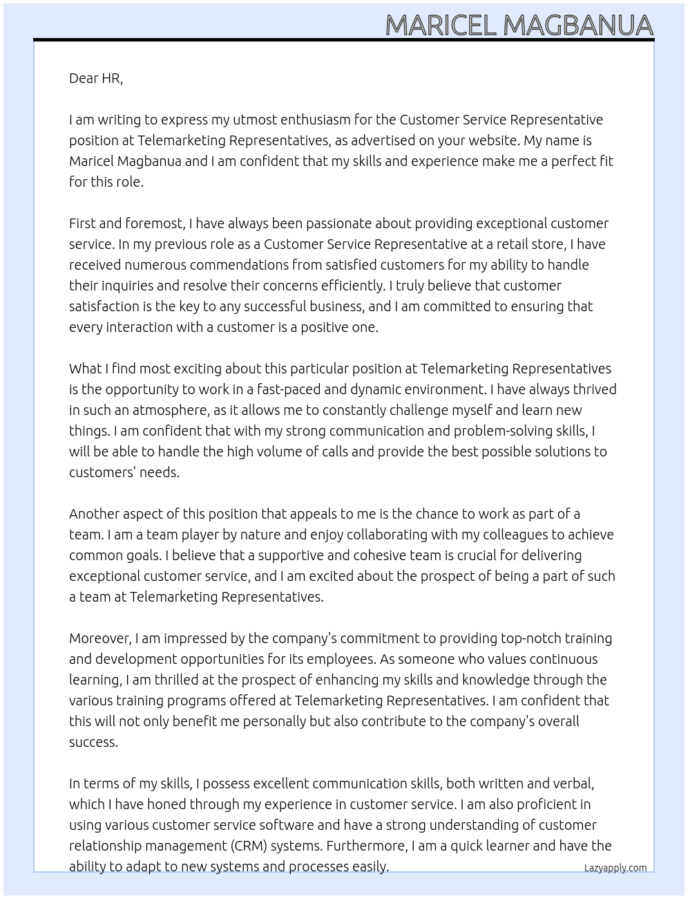 Customer Service Representative At Telemarketing Representatives Cover Letter