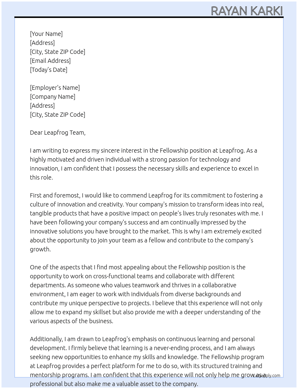 Fellowship At Leapfrog Cover Letter