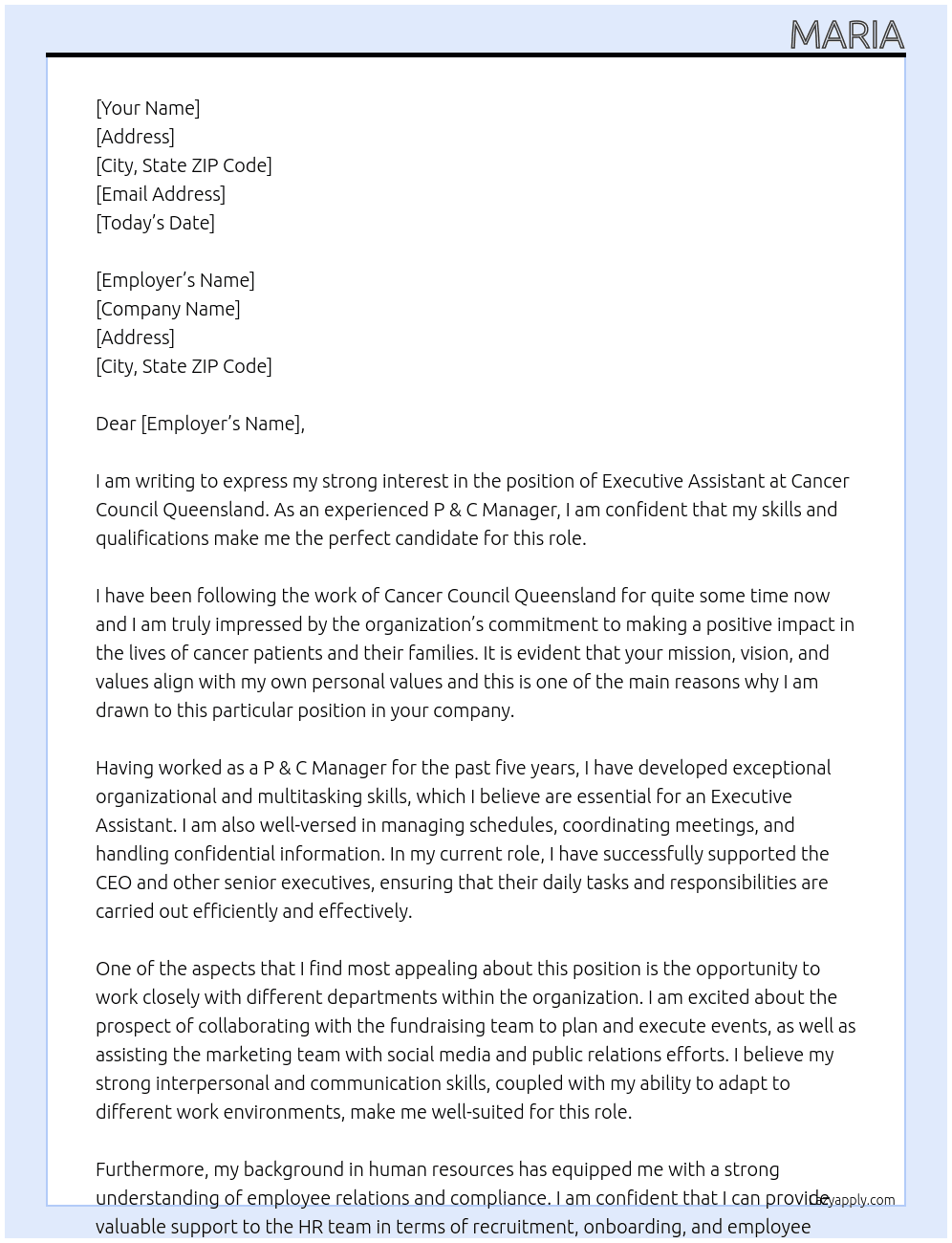 Executive Assistant  At Cancer Council Queensland  Cover Letter