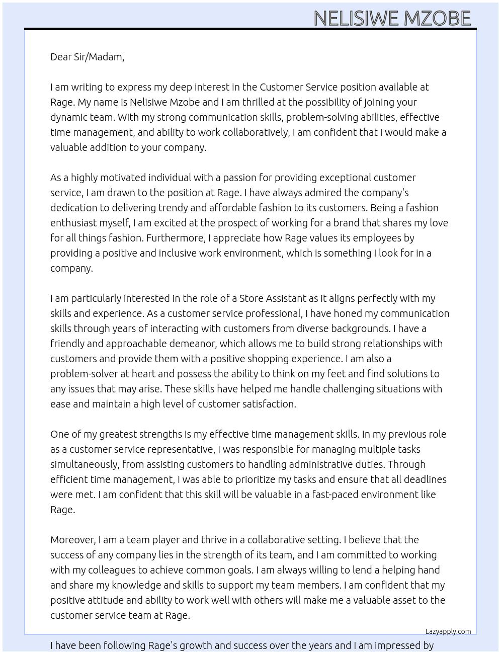 Customer service  At Rage Cover Letter