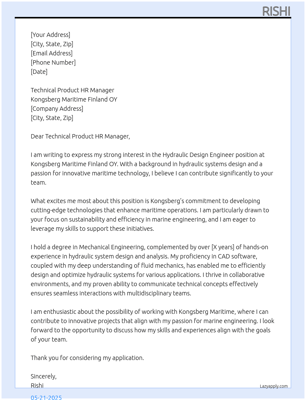 hydraulic design engineer At Kongsberg Maritime Finland OY Cover Letter