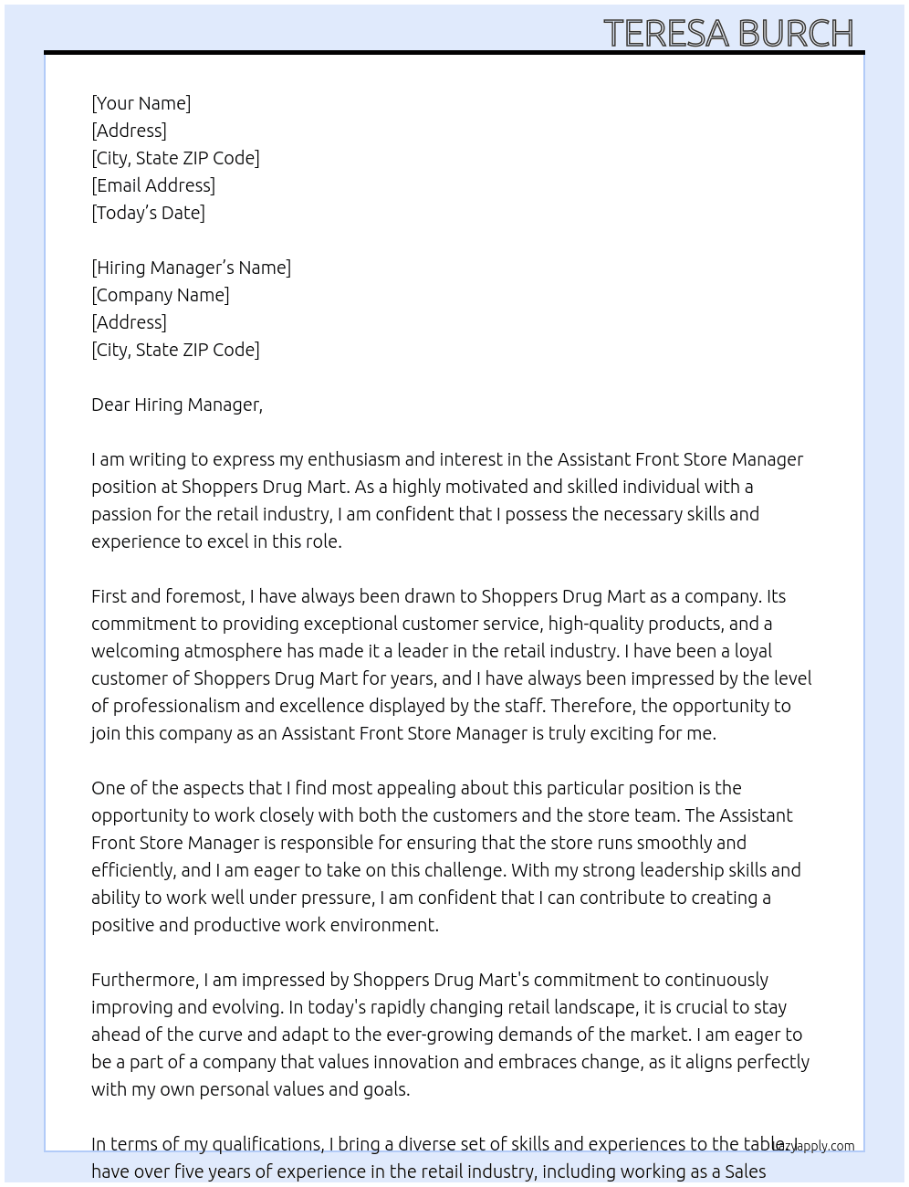 Assistant Front Store Manager At Shoppers Drug Mart Cover Letter