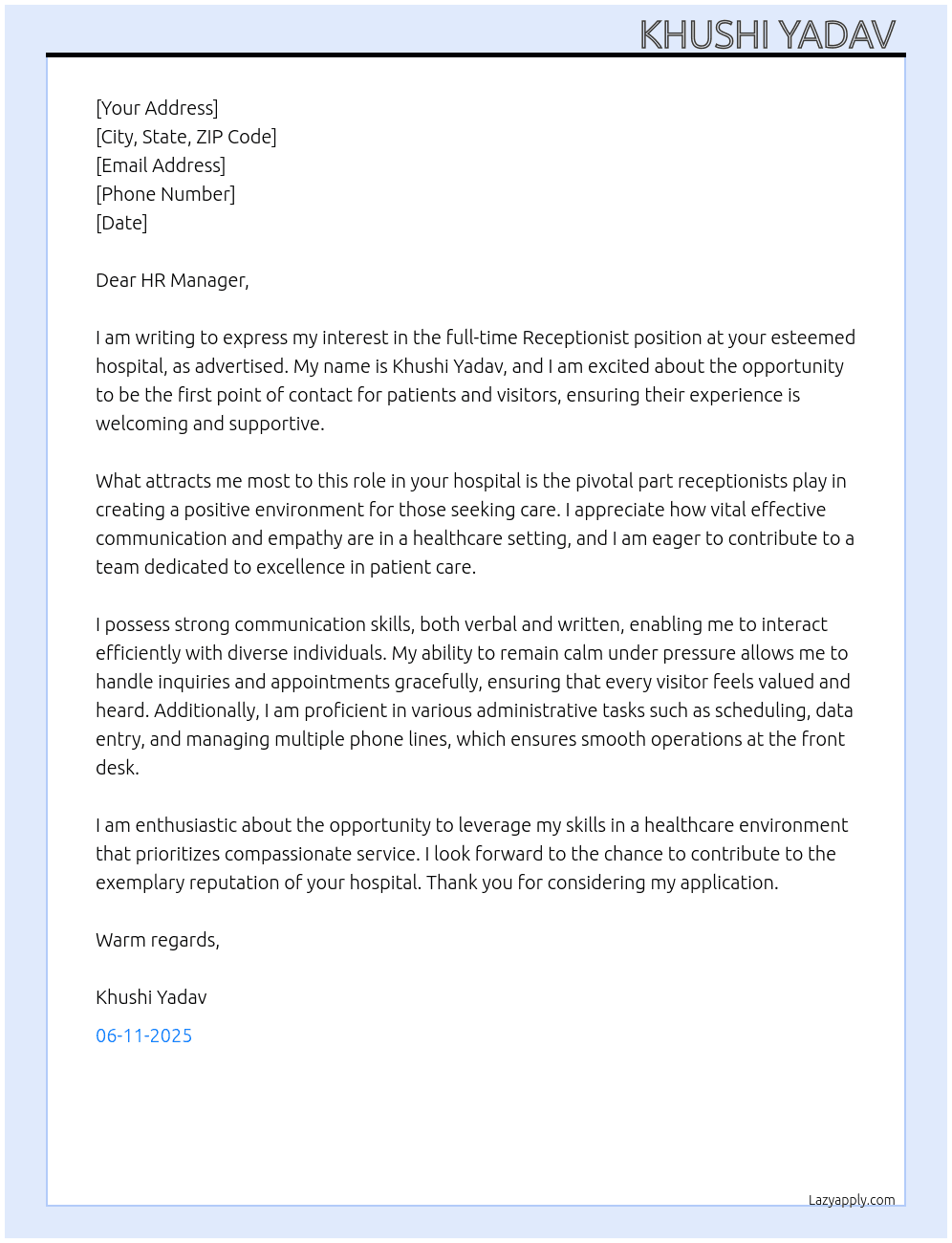 Receptionist  At Hospital  Cover Letter