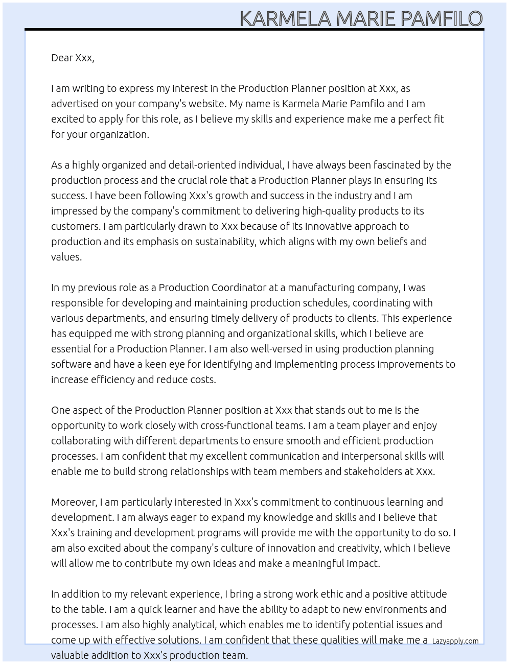 Production Planner At Xxx Cover Letter