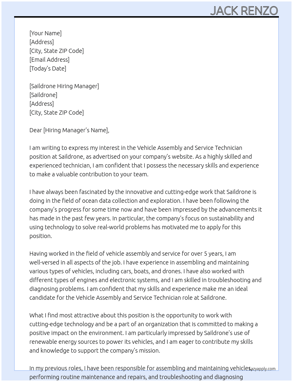 Vehicle Assembly and Service Technician At Saildrone Cover Letter