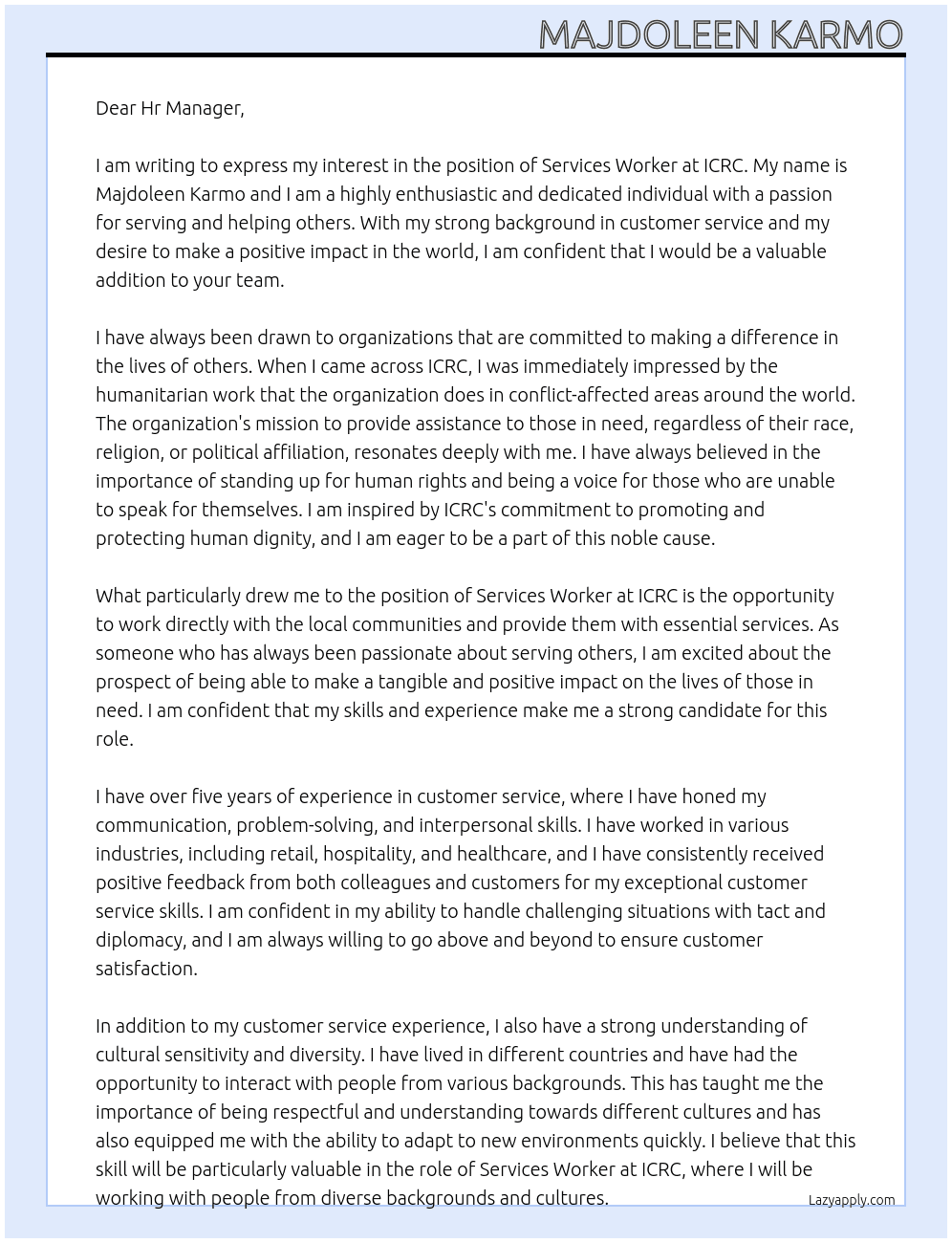 Cover letter for services worker - LazyApply