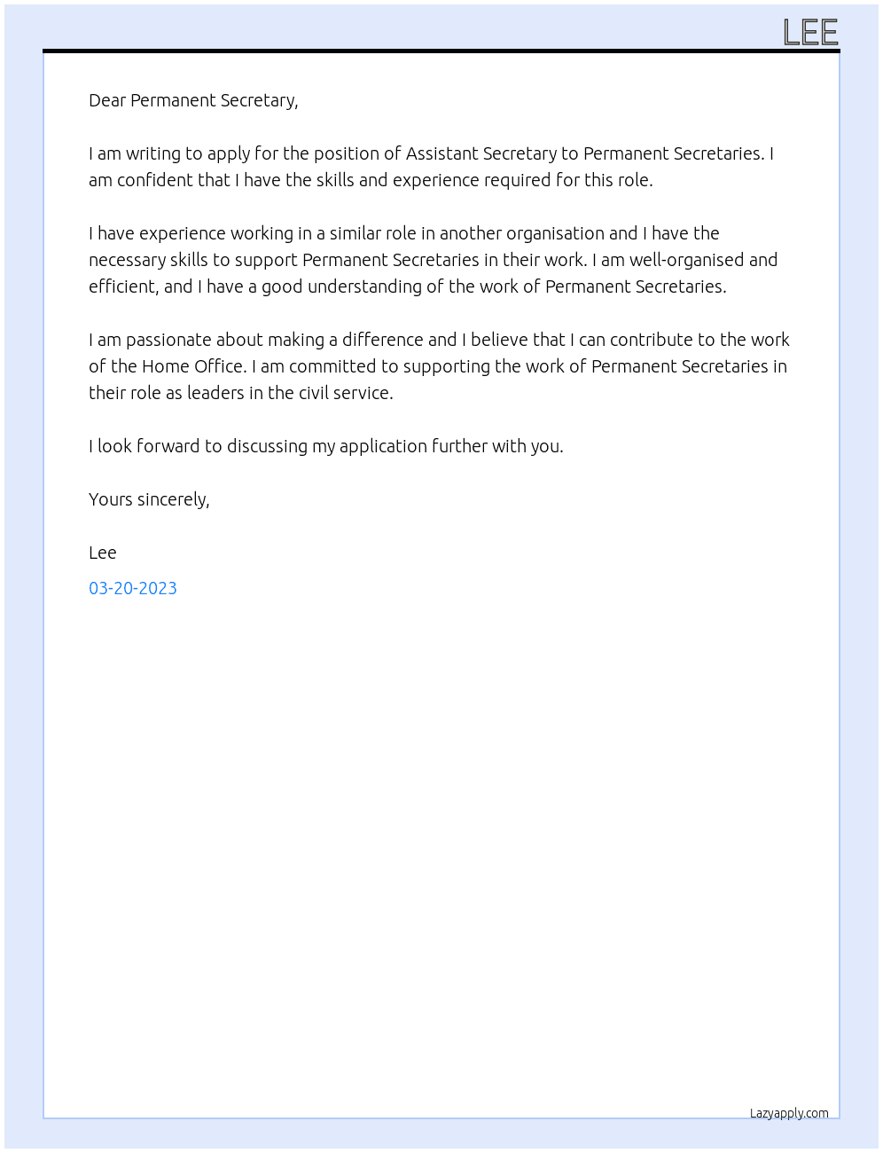 Assistant Secretary to Permanent Secretaries At Home Office Cover Letter