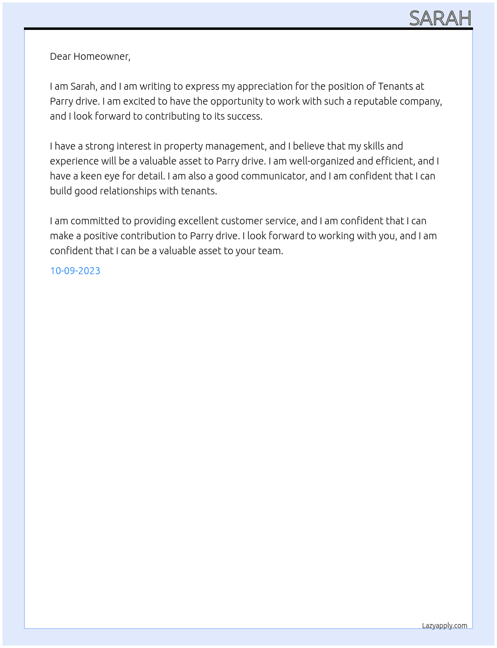 Tenants  At Parry drive  Cover Letter