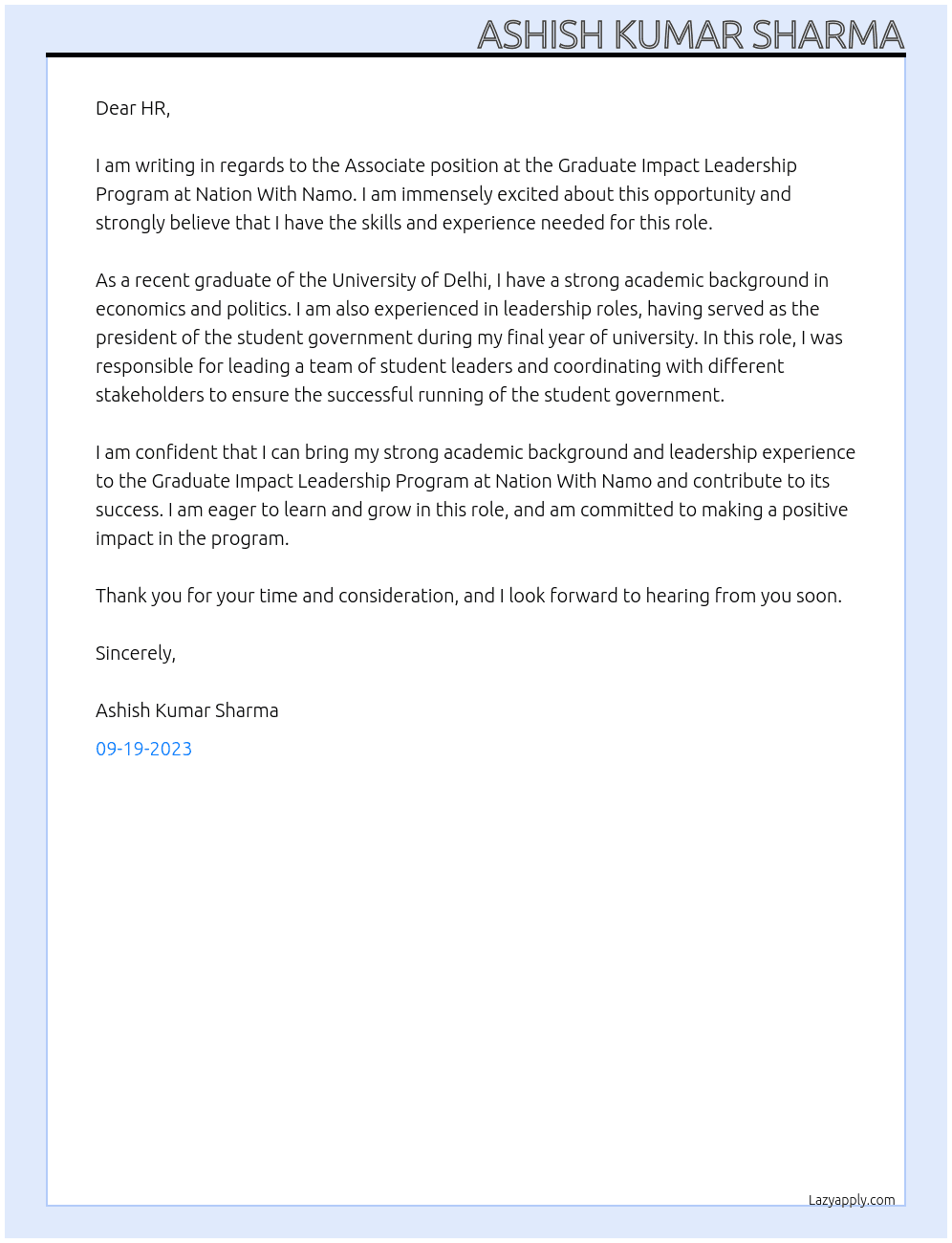 Associate At  Graduate Impact Leadership Program at Nation With Namo Cover Letter