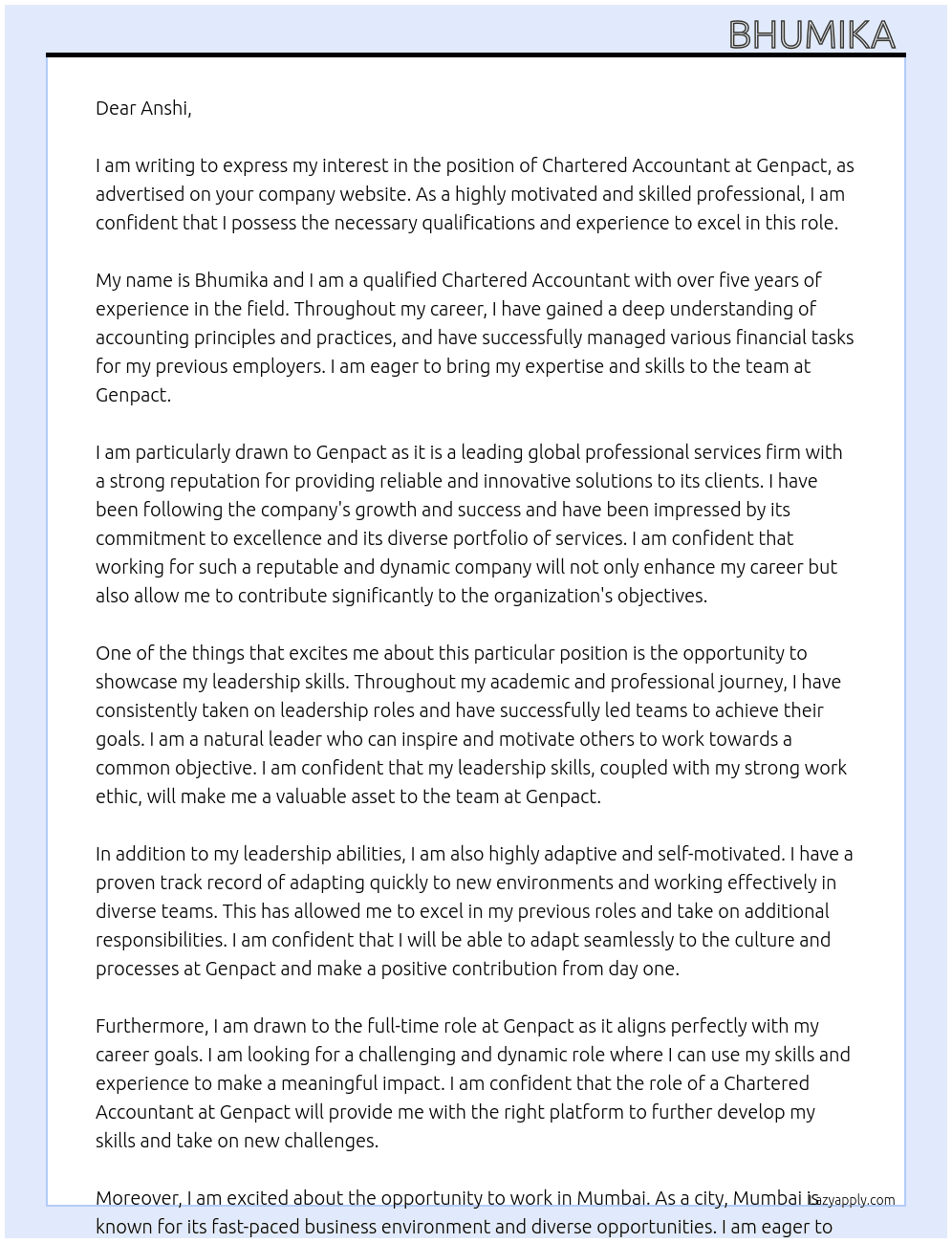 Chartered Accountant  At Genpact  Cover Letter