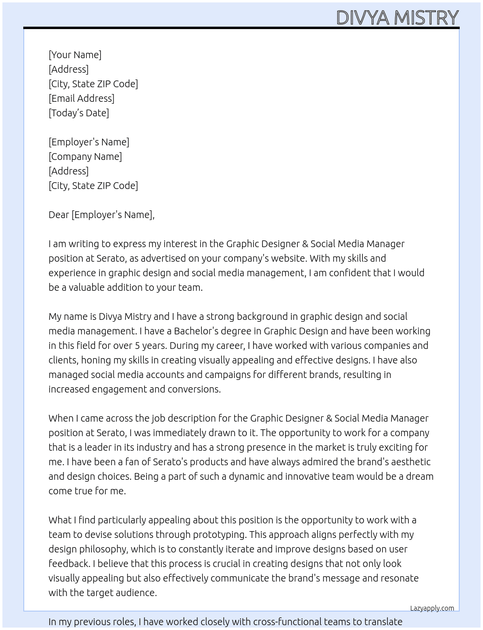 GRAPHIC DESIGNER & SOCIAL MEDIA MANAGER At serato Cover Letter