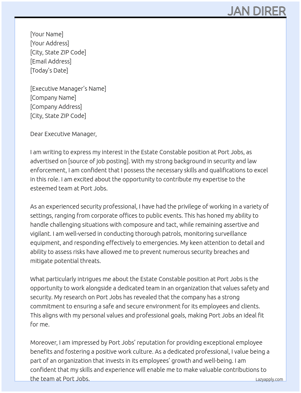 Estate Constable At Port Jobs  Cover Letter