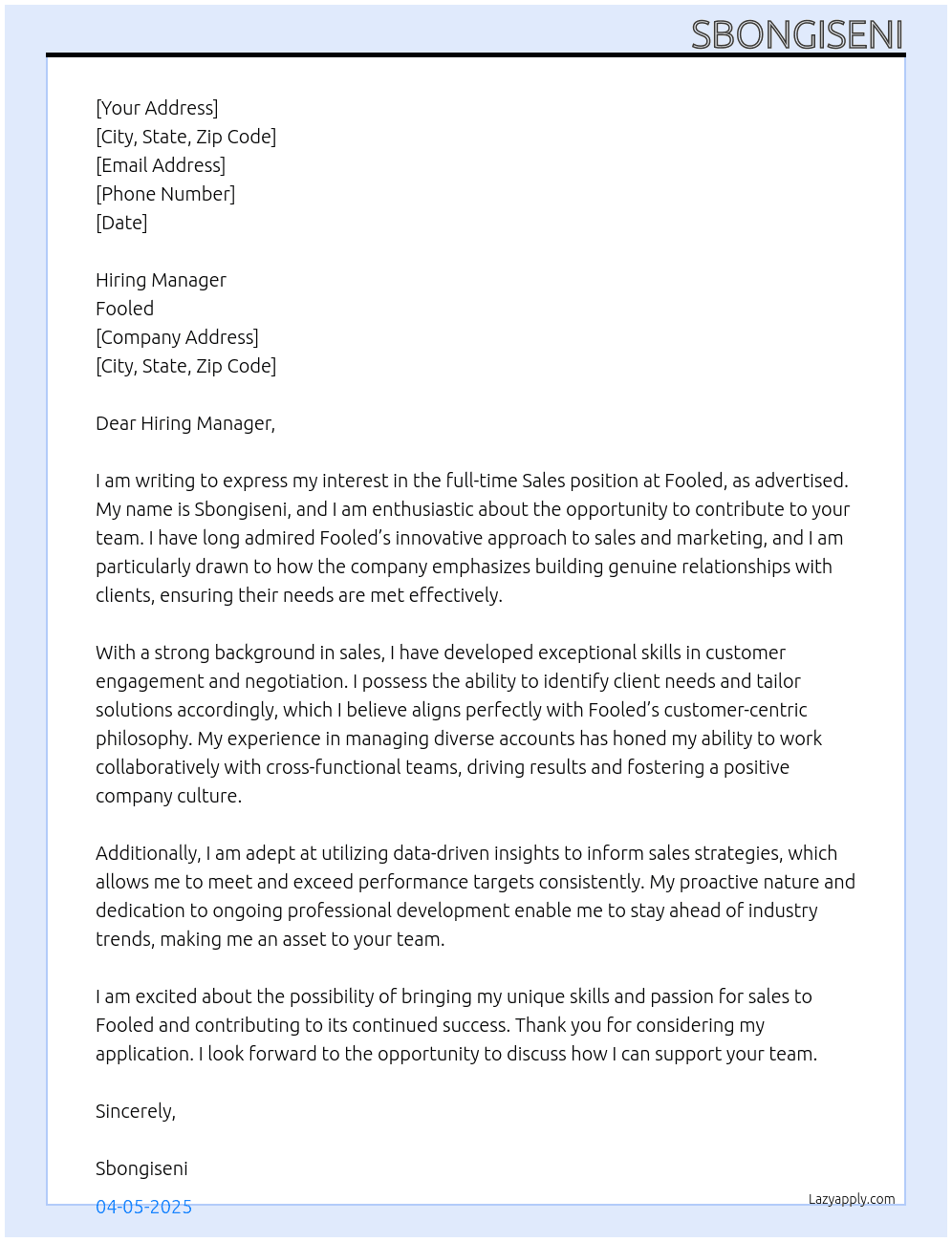 Sales At fooled Cover Letter