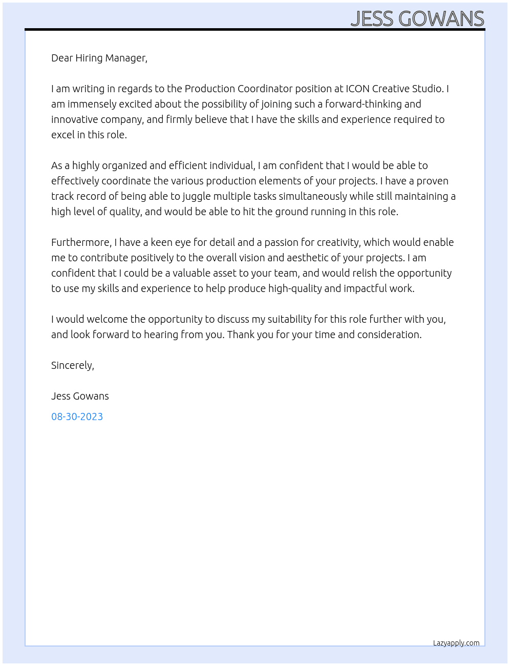 Production Coordinator At ICON Creative Studio Cover Letter