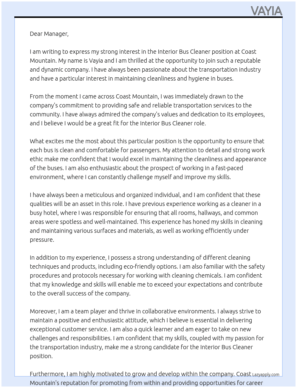 Interior bus cleaner At Coast mountain  Cover Letter