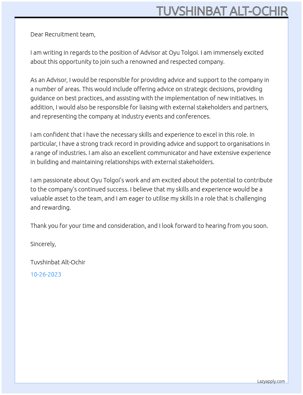 Advisor At Oyu Tolgoi Cover Letter