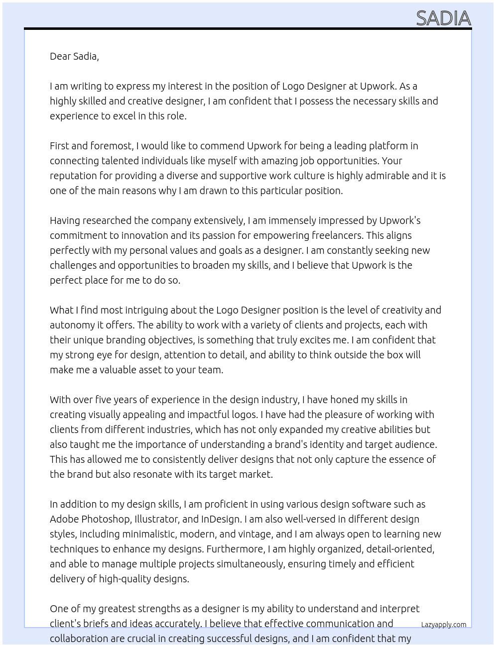 Logo designer At Upwork job Cover Letter