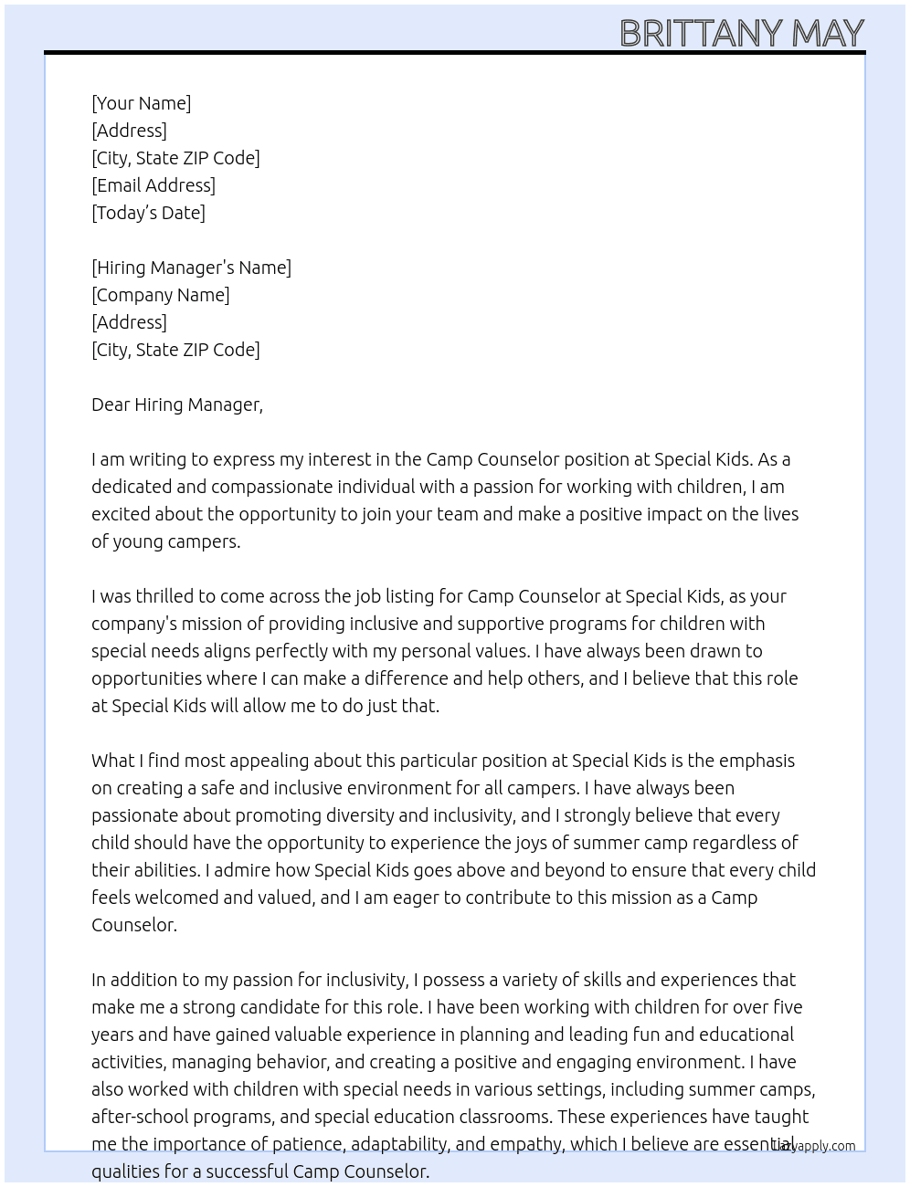 Cover letter for camp counselor - LazyApply