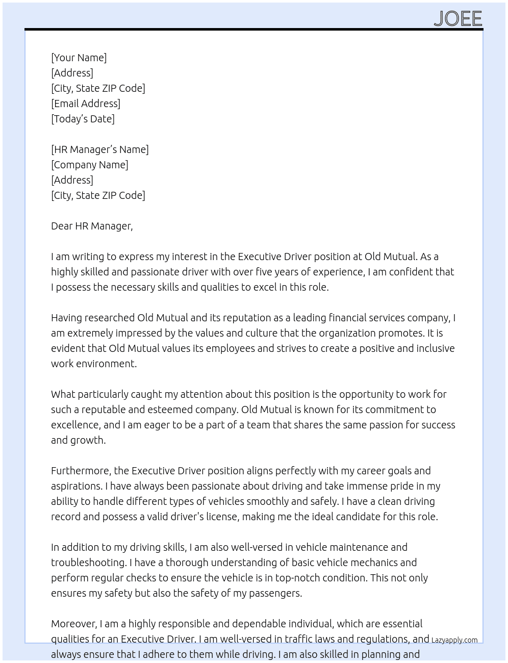 Executive driver  At Old Mutual  Cover Letter