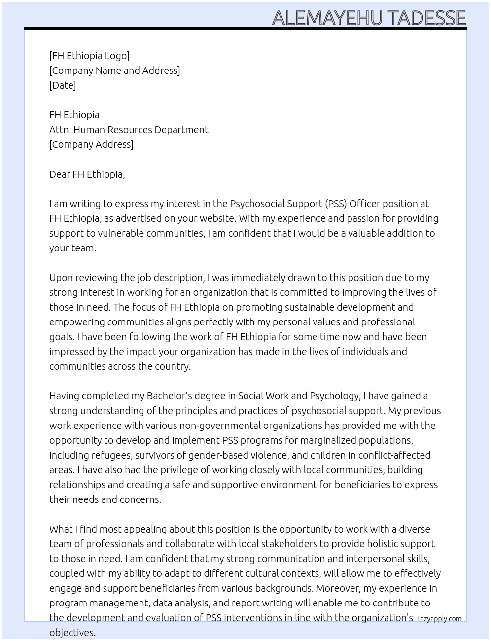Psychosocial Support(PSS) Officer At FH Ethiopia Cover Letter