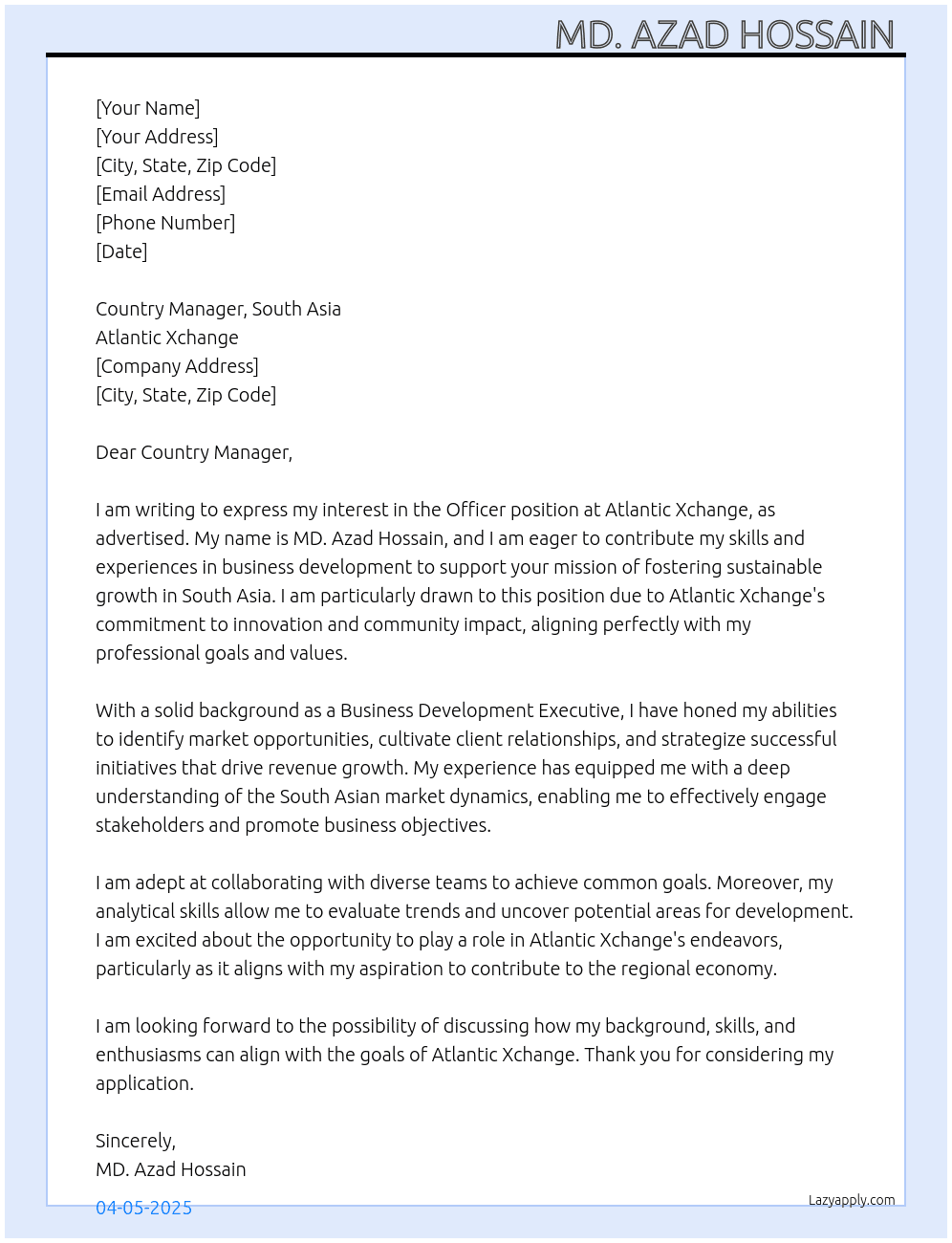 Officer At Atlantic xchange Cover Letter