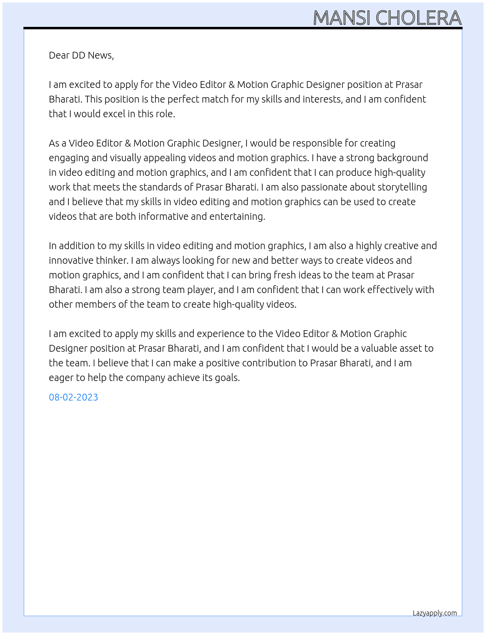 Video editor & Motion graphic designer At Prasar bharti Cover Letter