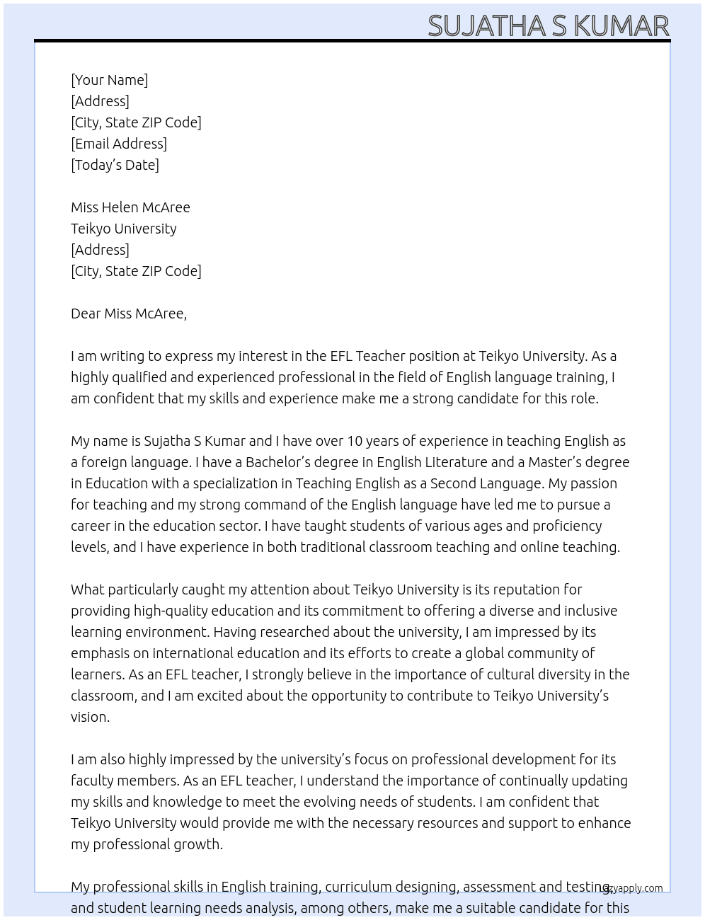 EFL Teacher At Teikyo University Cover Letter