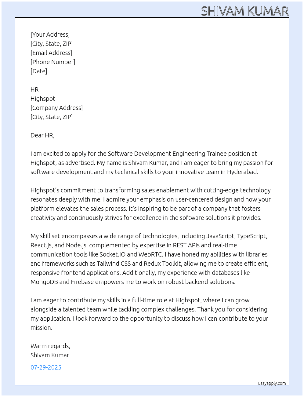 Cover letter for software development engineering trainee - LazyApply