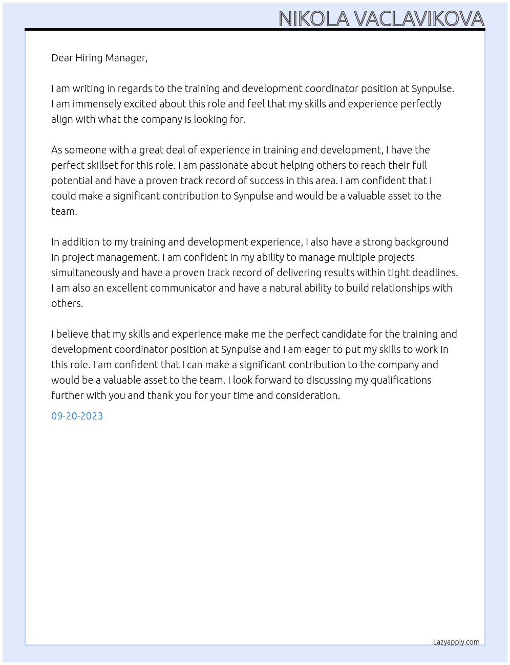 Training and development coordinator At Synpulse Cover Letter