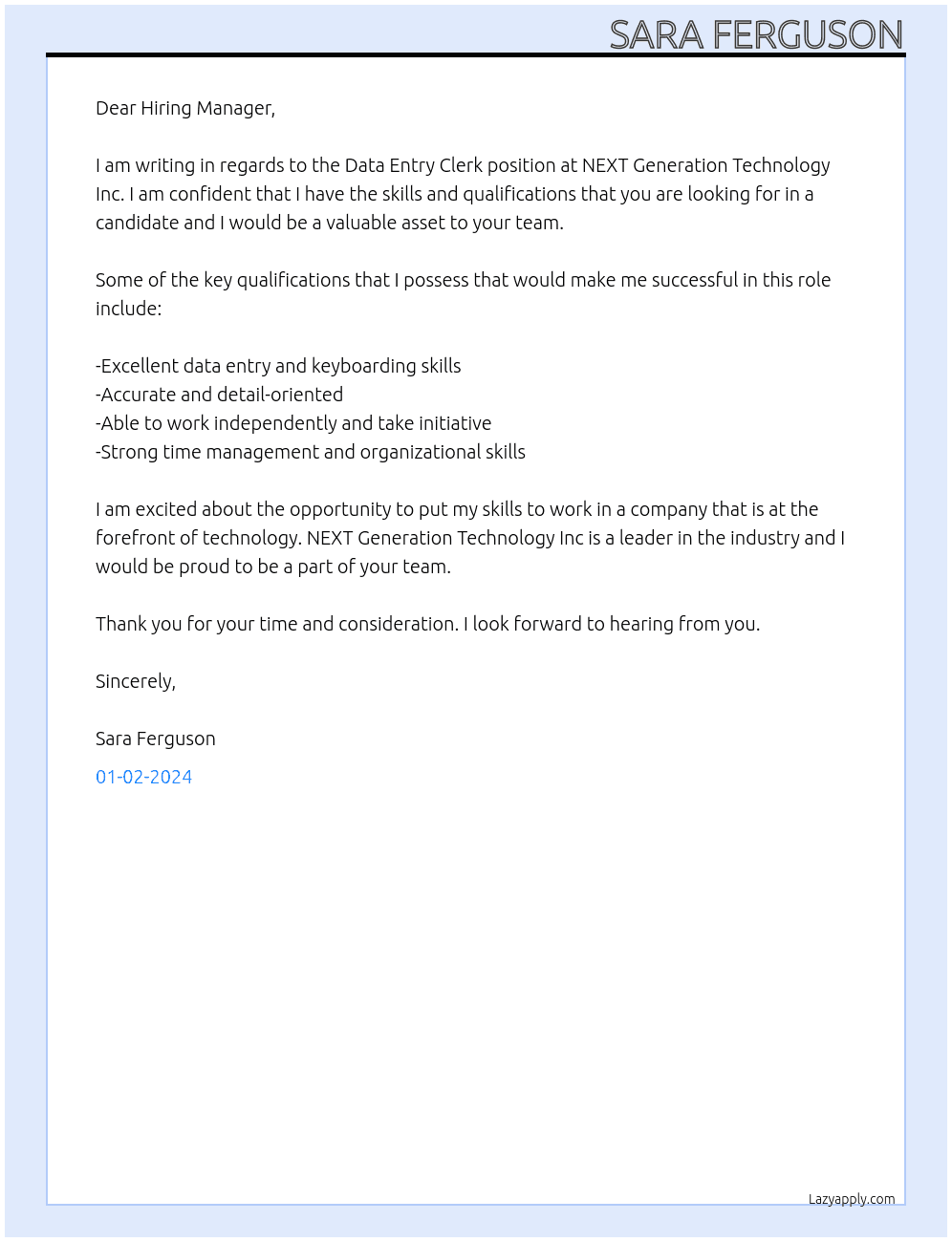 Data Entry Clerk At NEXT GEneration Technology Inc Cover Letter