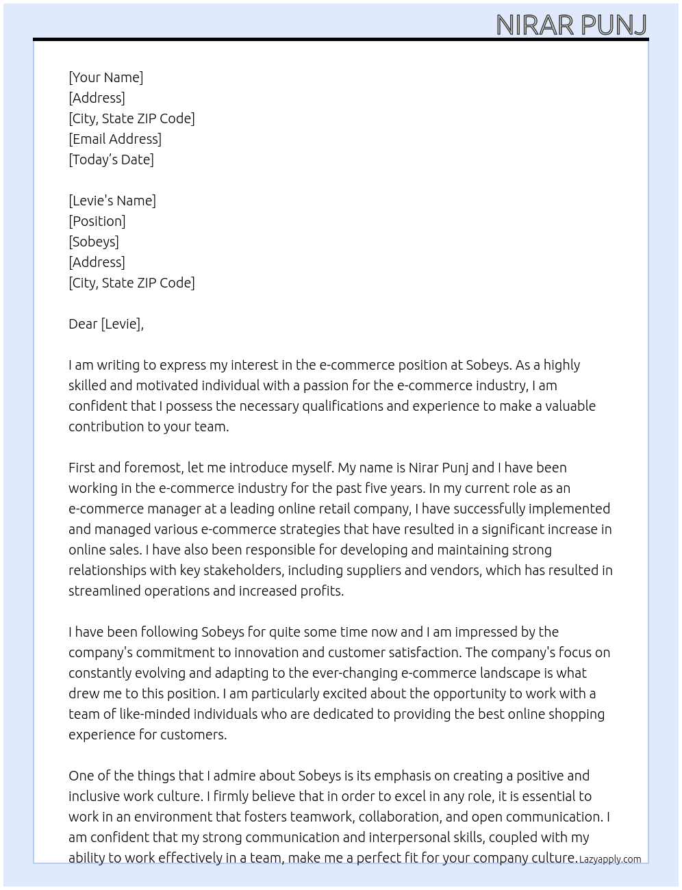 e-commerce At sobeys Cover Letter