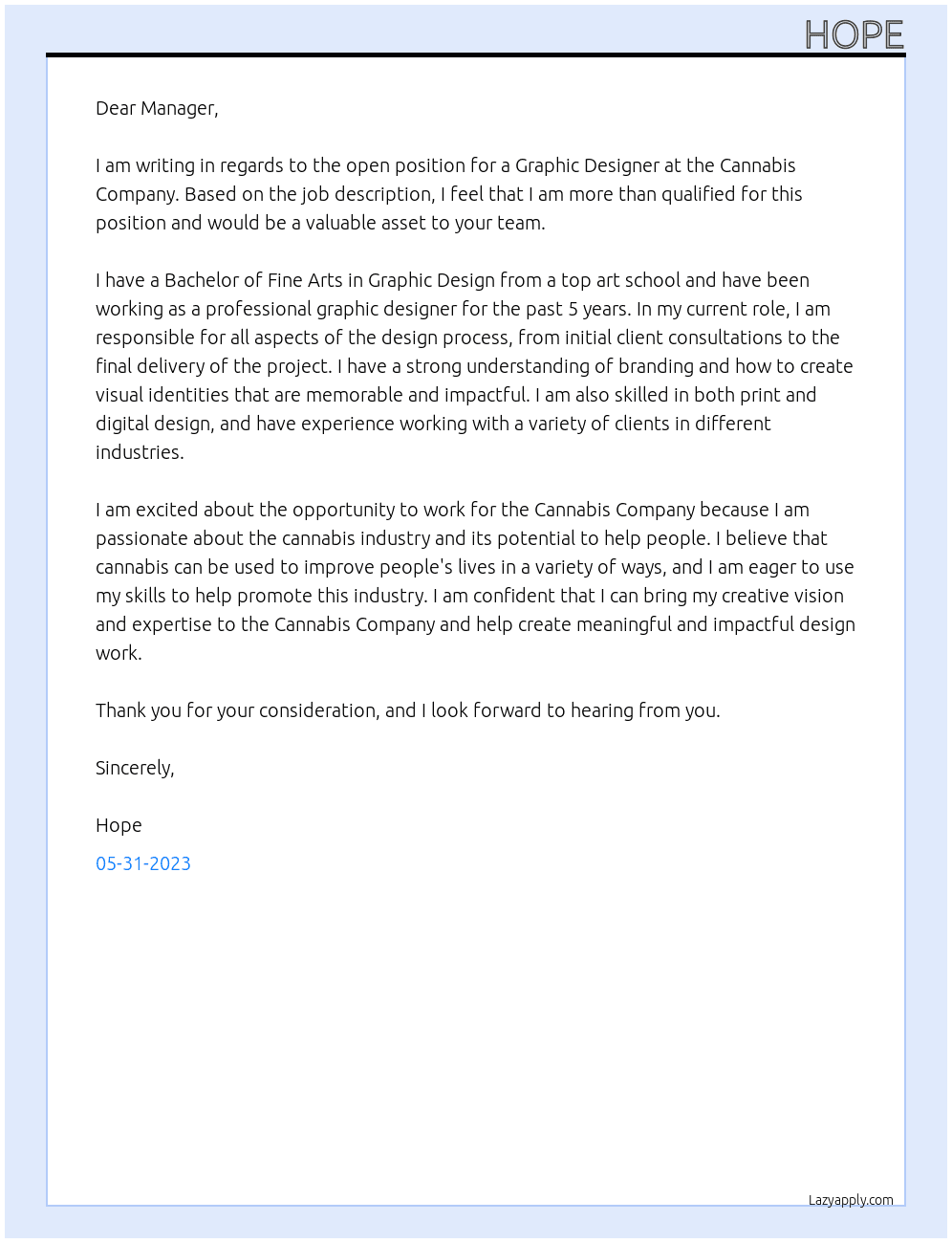Graphic Design At Cannabis Company Cover Letter