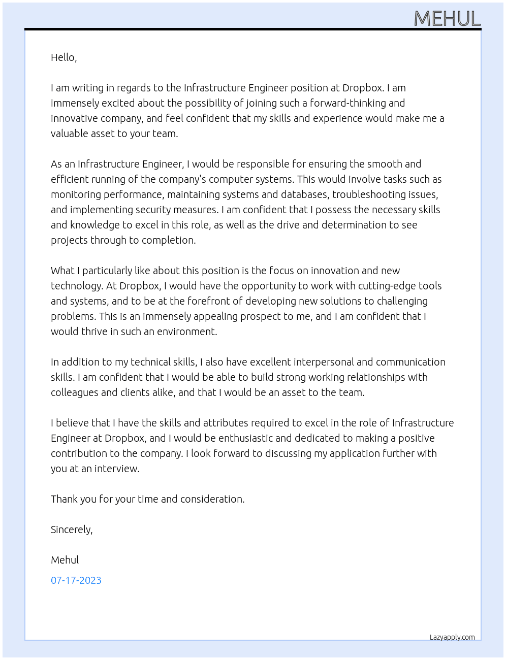 Infrastructure Engineer At Dropbox Cover Letter
