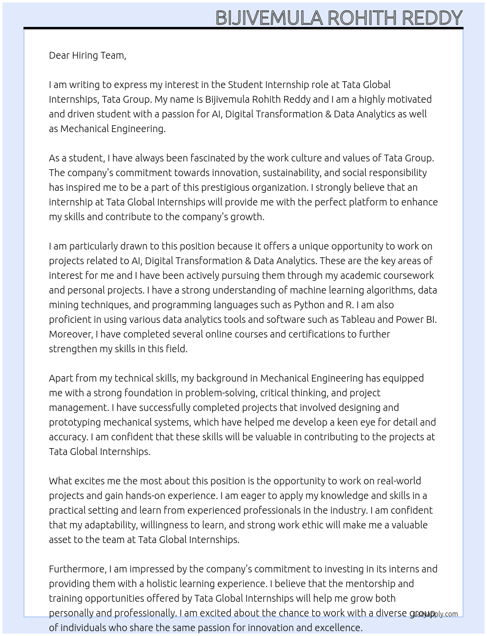 student At Tata Global Internships,Tata Group Cover Letter