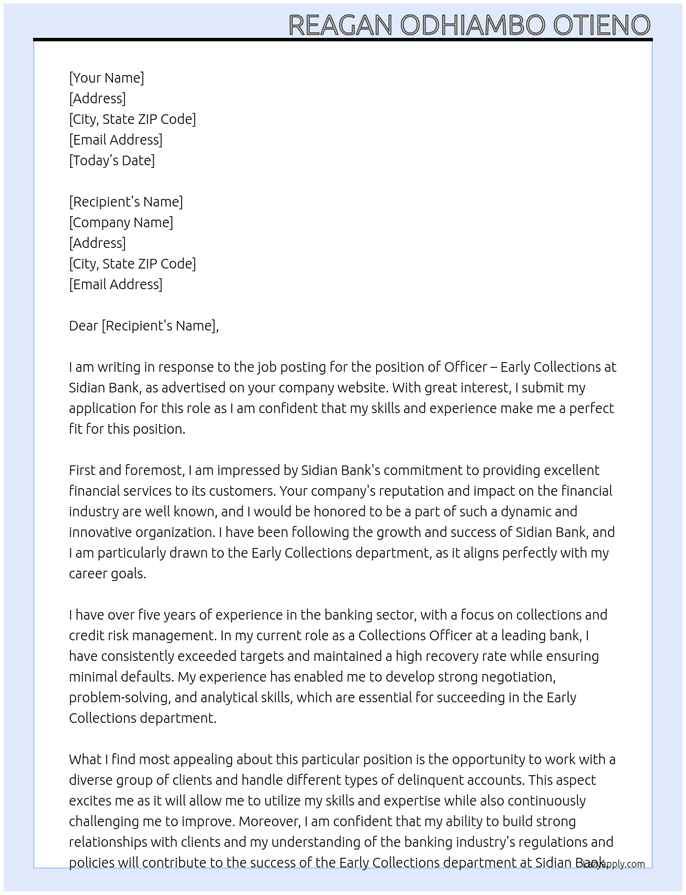 Officer – Early Collections At Sidian bank  Cover Letter
