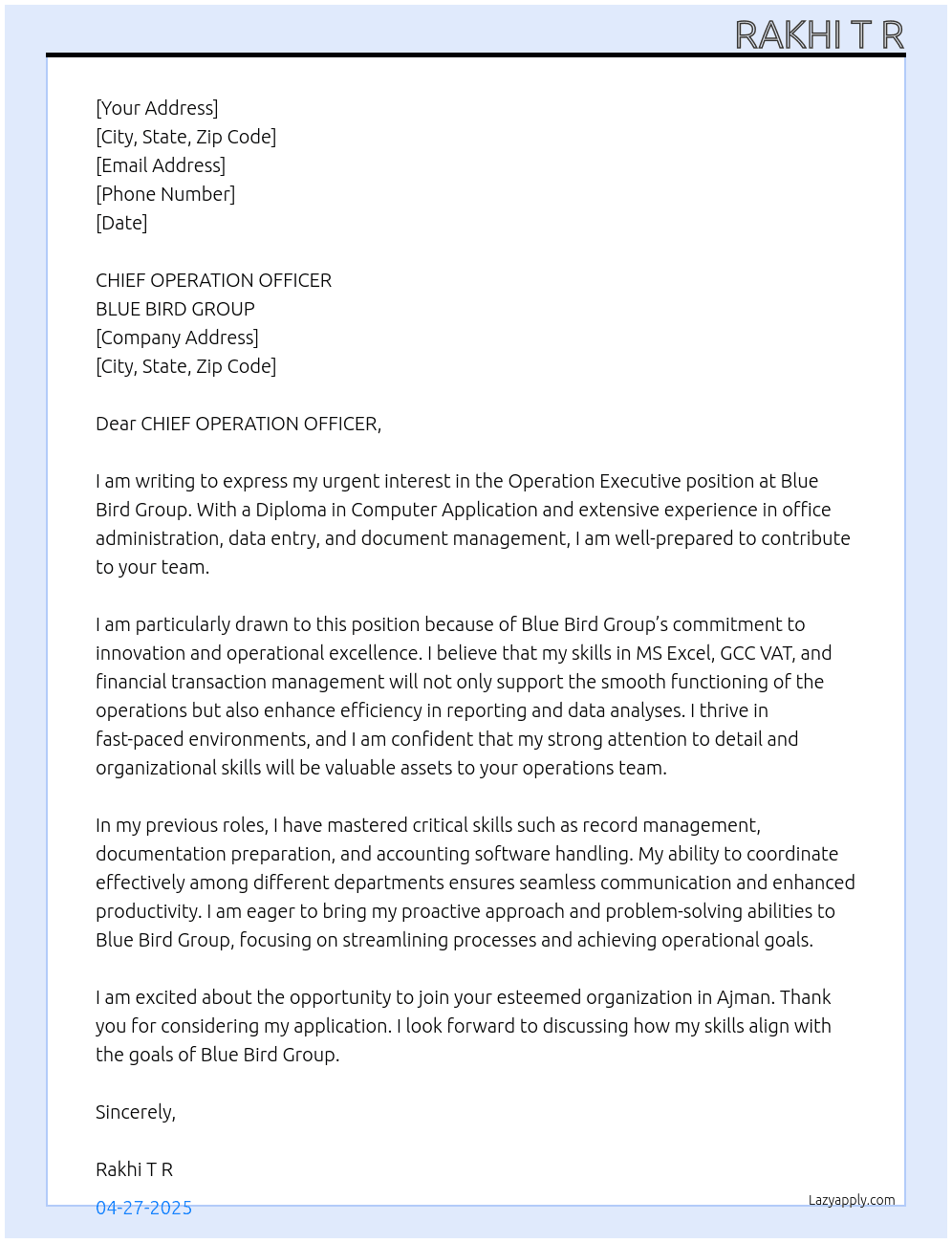 OPERATION EXECUTIVE At BLUE BIRD GROUP Cover Letter