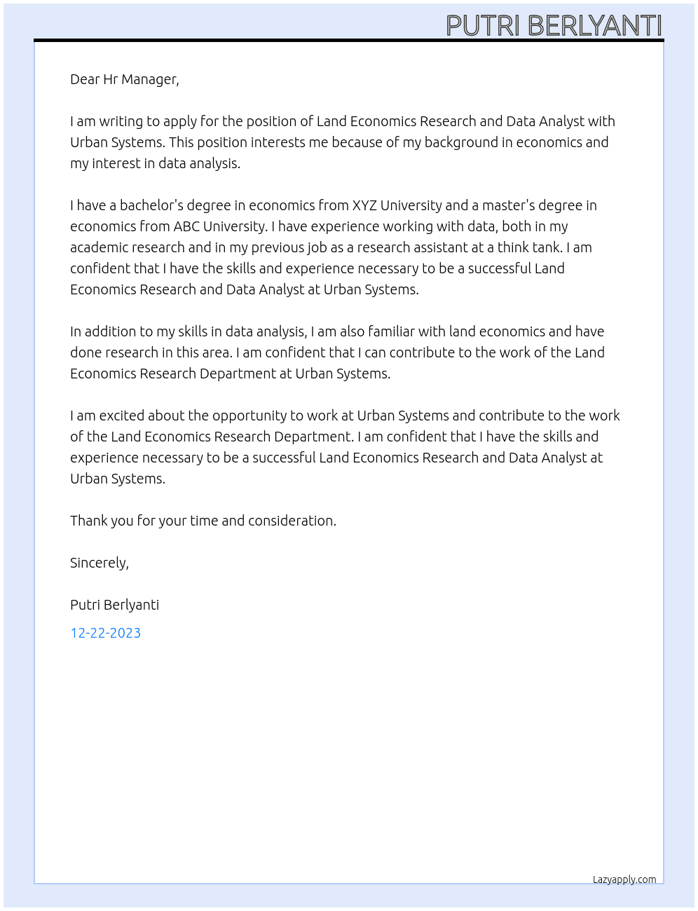 Land Economics Research and Data Analyst At Urban Systems Cover Letter