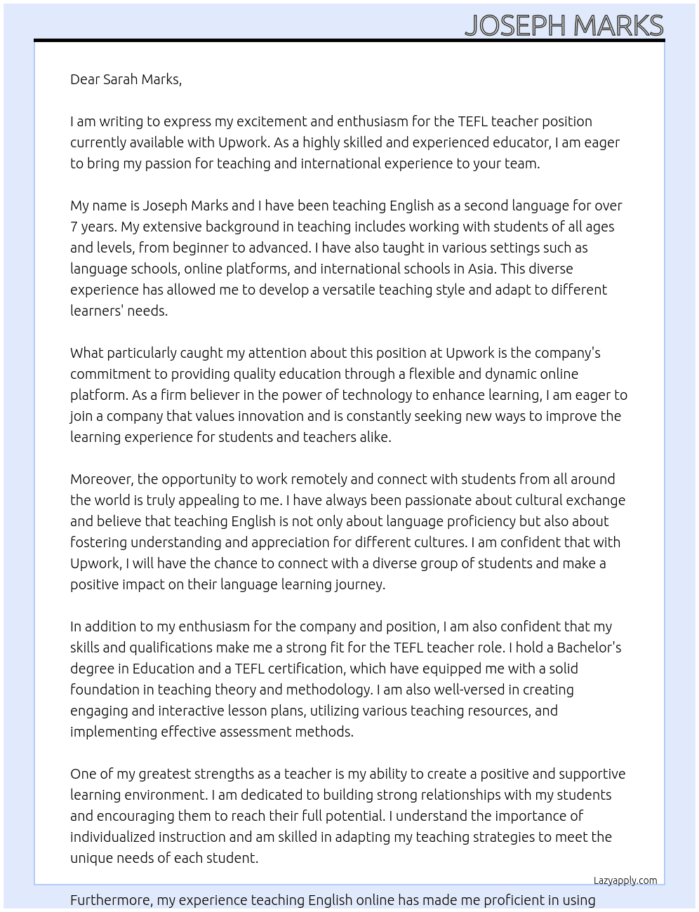 TEFL teacher  At Upwork hiring manager Cover Letter