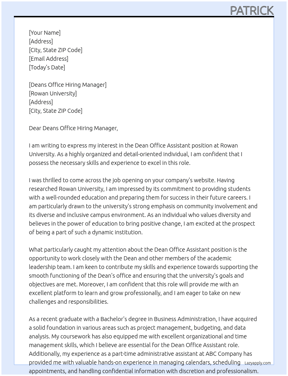 Dean Office Assistant At Rowan University Cover Letter