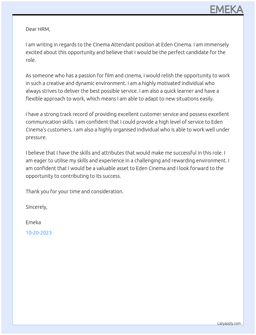 Cinema Attendant At Eden Cinema Cover Letter