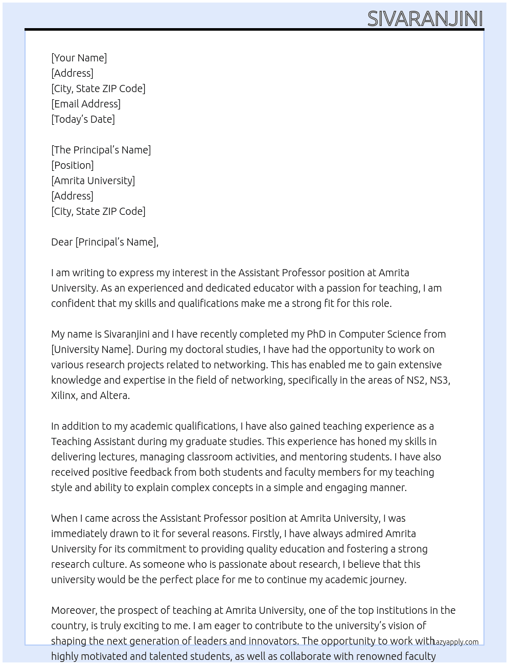 Assistant Professor At amrita university Cover Letter