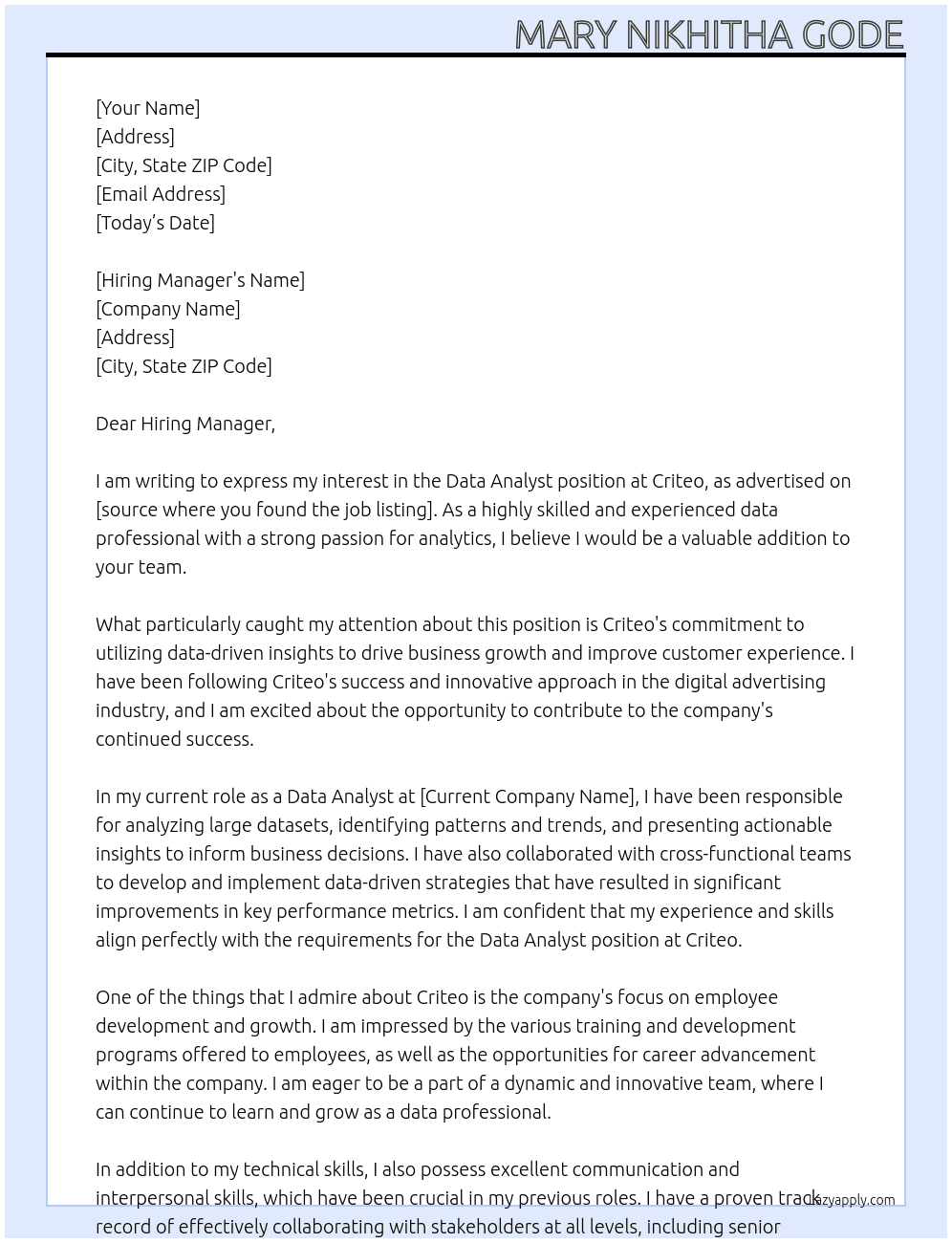 Data Analyst At Criteo Cover Letter