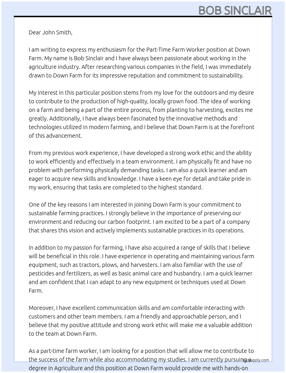 Part TimeFarm Worker At Down Farm Cover Letter