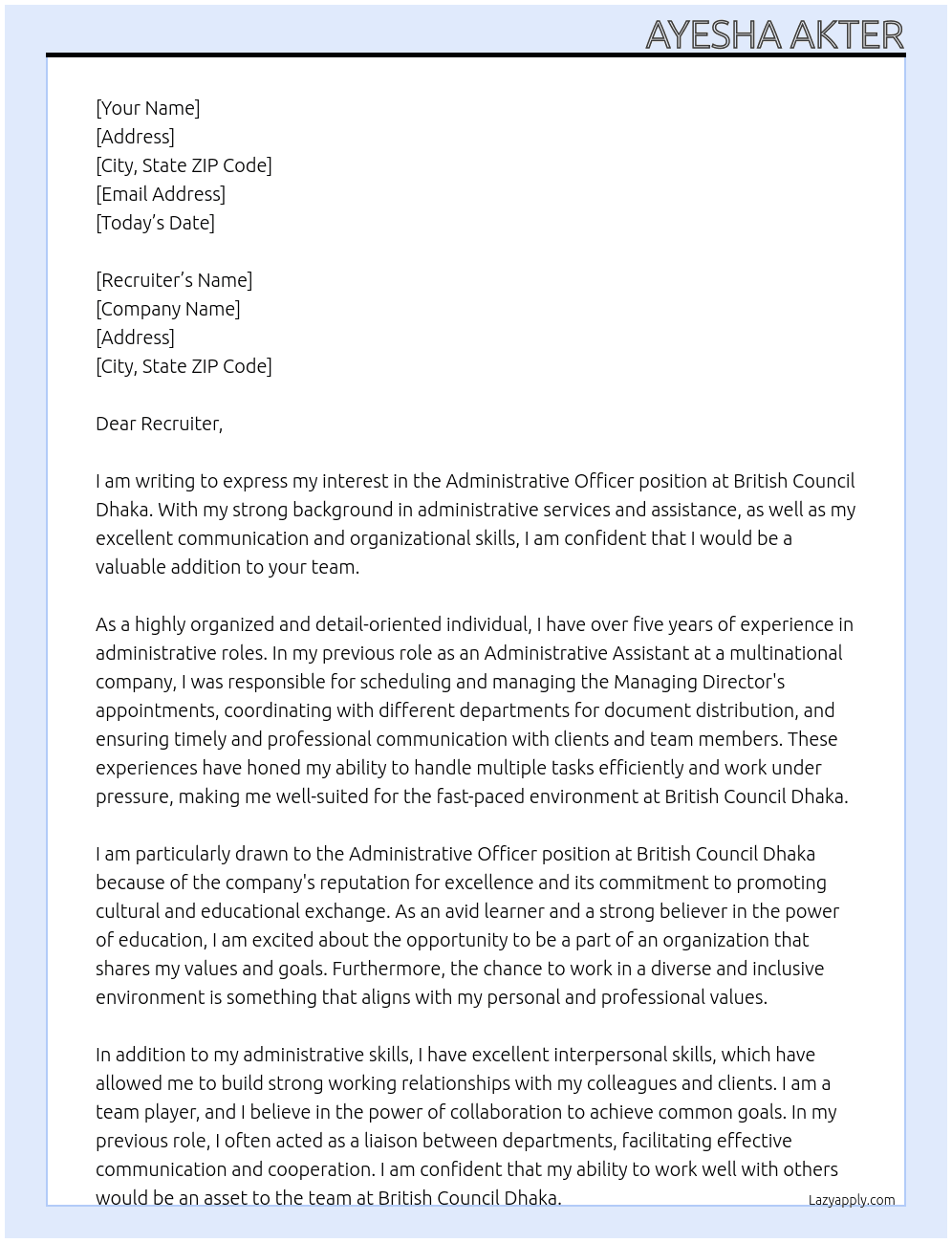 Administrative Officer At British Council Dhaka Cover Letter