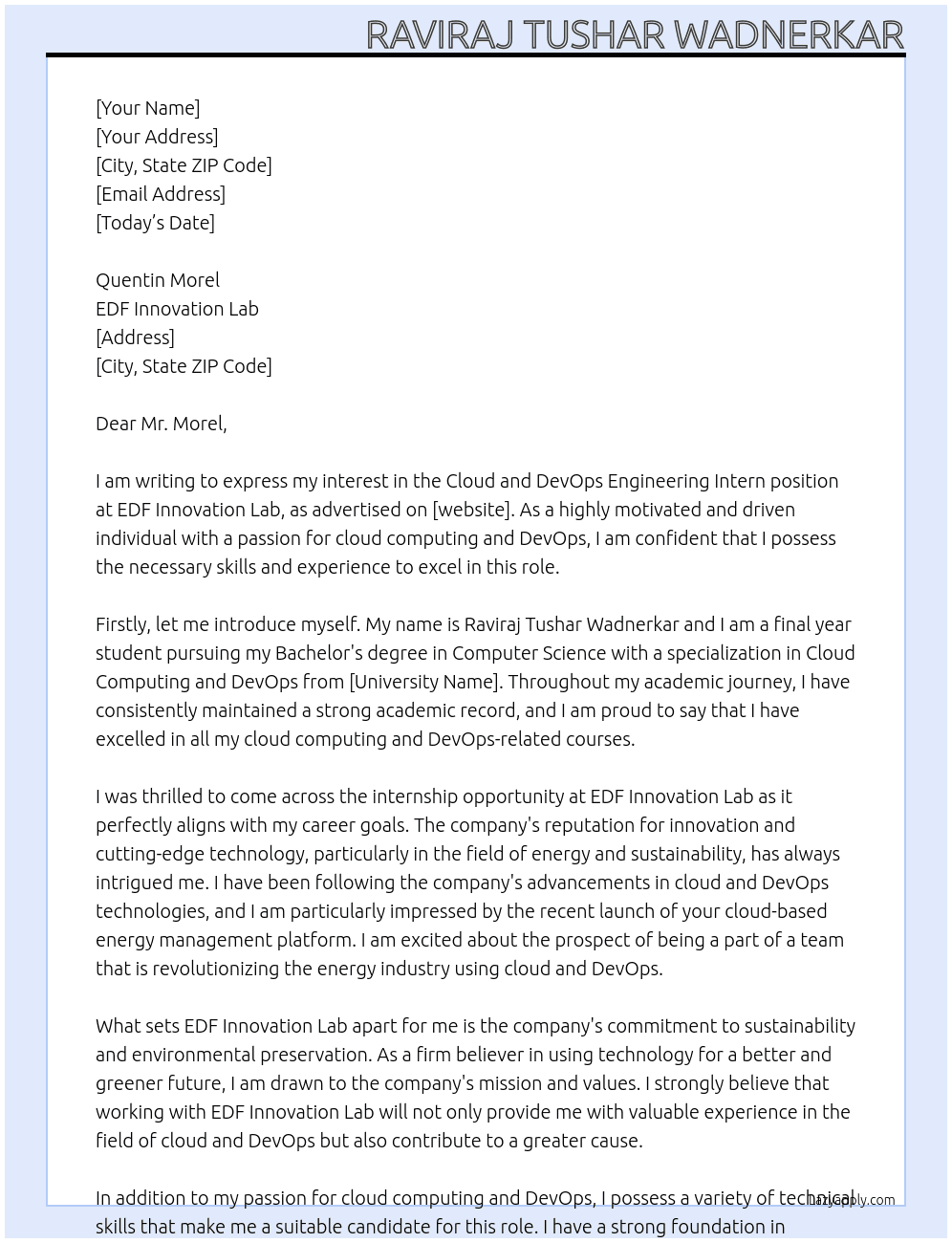 Cloud and DevOps Engineering Intern At EDF Innovation Lab Cover Letter